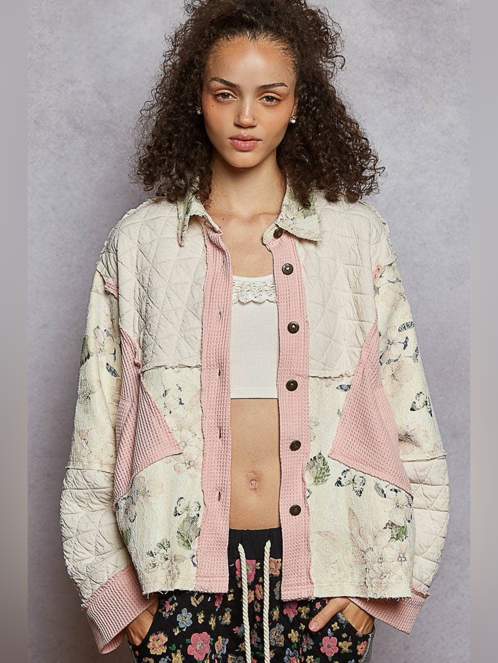 POL Quilted Patchwork Button-Up Jacket